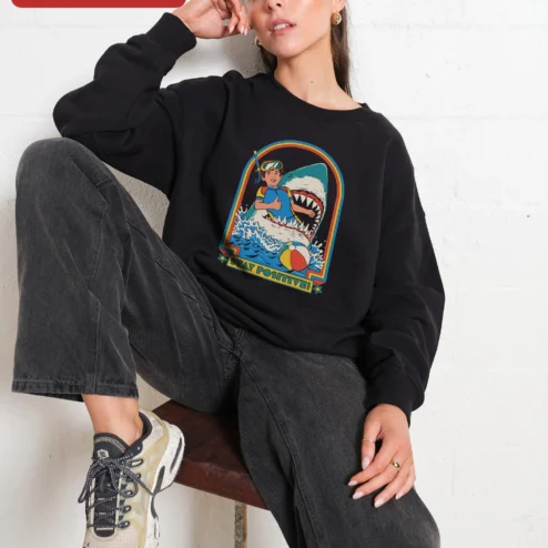 Stay Positive! Vintage Shark Snorkeling Crewneck Sweatshirt Retro Beach Humor Gift on a hanger, ready to ship from Chicago, Illinois