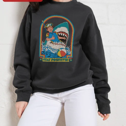 Customer in Chicago, Illinois wearing Stay Positive! Vintage Shark Snorkeling Crewneck Sweatshirt Retro Beach Humor Gift