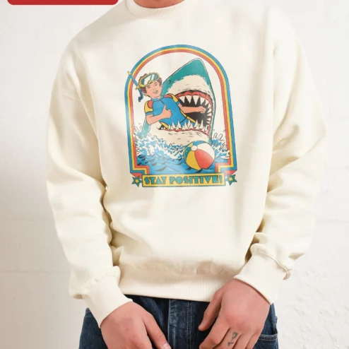 Stay Positive! Vintage Shark Snorkeling Crewneck Sweatshirt Retro Beach Humor Gift