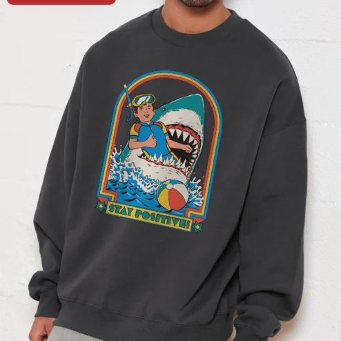 Customer in Chicago, Illinois wearing Stay Positive! Vintage Shark Snorkeling Crewneck Sweatshirt Retro Beach Humor Gift