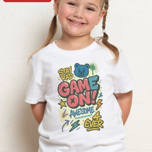 Stay Rad Game On Awesome 4 Ever Retro Graphic Tee for Kids Boys on a hanger, ready to ship from Chicago, Illinois