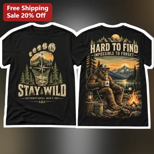 Stay Wild International Men's Day Sasquatch Camping Graphic Tee Hard To Find Impossible To Forget