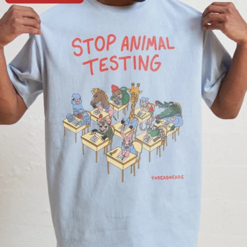 Stop Animal Testing Tee Cruelty Free Vegan Activism Shirt Cartoon Animals Protest Gift on a hanger, ready to ship from Chicago, Illinois