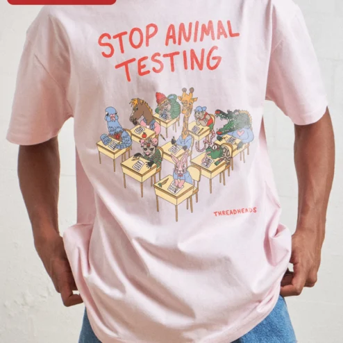 Customer in Chicago, Illinois wearing Stop Animal Testing Tee Cruelty Free Vegan Activism Shirt Cartoon Animals Protest Gift