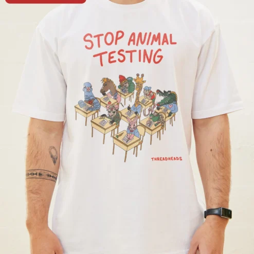 Close-up of Stop Animal Testing Tee Cruelty Free Vegan Activism Shirt Cartoon Animals Protest Gift for streetwear fans in Chicago, Illinois