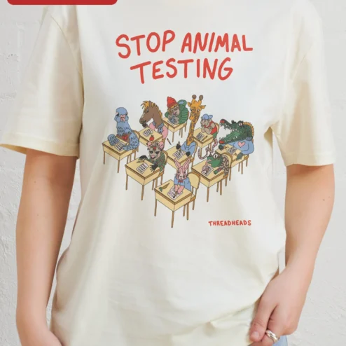 Stop Animal Testing Tee Cruelty Free Vegan Activism Shirt Cartoon Animals Protest Gift