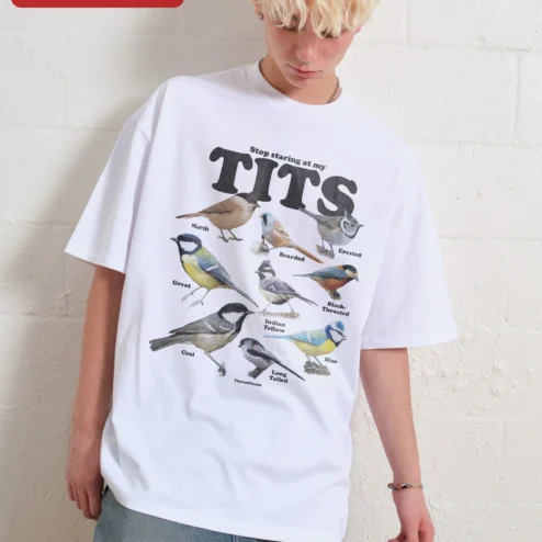 Stop Staring At My Tits Funny Bird Chart Graphic Tee on a hanger, ready to ship from Chicago, Illinois
