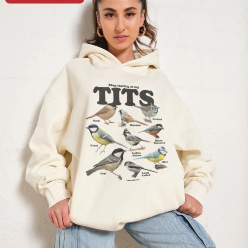 Customer in Chicago, Illinois wearing Stop Staring At My Tits Hoodie Funny Bird Lover Gift Novelty Ornithology Humor Pullover
