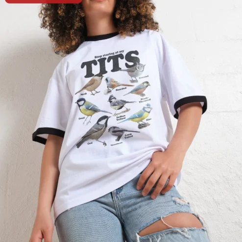 Stop Staring At My Tits Vintage Bird Chart Graphic Tee Funny Ornithology Gift on a hanger, ready to ship from Chicago, Illinois