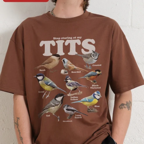 Customer in Chicago, Illinois wearing Stop Staring At My Tits Vintage Bird Chart Graphic Tee Funny Ornithology Gift