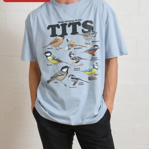 Customer in Chicago, Illinois wearing Stop Staring At My Tits Vintage Bird Chart Graphic Tee Funny Ornithology Gift