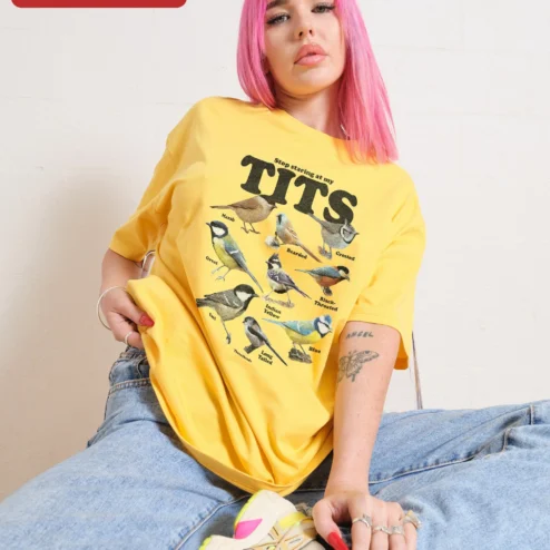 Customer in Chicago, Illinois wearing Stop Staring At My Tits Vintage Bird Chart Graphic Tee Funny Ornithology Gift