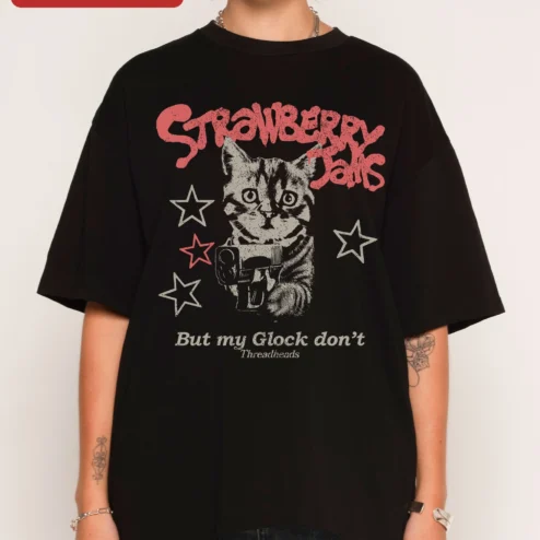 Strawberry Jams But My Glock Don't Funny Cat Graphic Tee