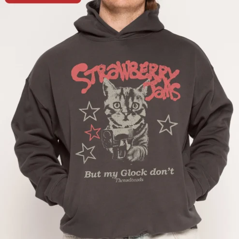 Strawberry Jams But My Glock Don't Hoodie Funny Cat With Gun Meme Streetwear Gift on a hanger, ready to ship from Chicago, Illinois