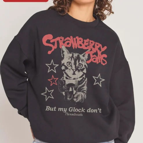 Strawberry Jams But My Glock Don't Sweatshirt Funny Cat Gun Graphic Crewneck