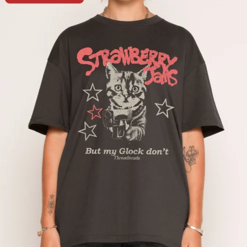 Strawberry Jamz But My Glock Don't Graphic Tee Funny Gangster Cat Streetwear Shirt on a hanger, ready to ship from Chicago, Illinois