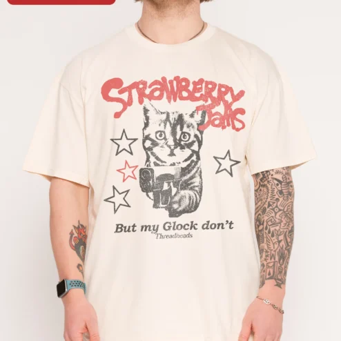 Customer in Chicago, Illinois wearing Strawberry Jamz But My Glock Don't Graphic Tee Funny Gangster Cat Streetwear Shirt