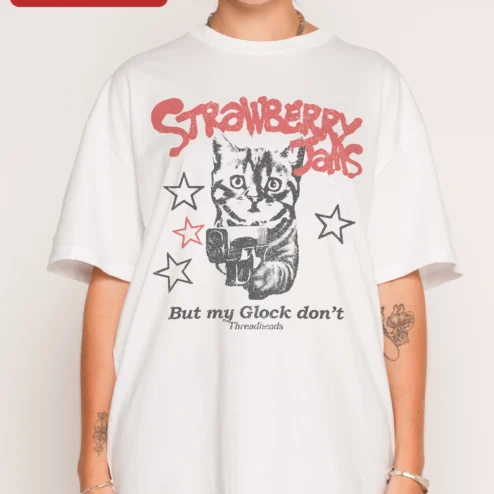 Close-up of Strawberry Jamz But My Glock Don't Graphic Tee Funny Gangster Cat Streetwear Shirt for streetwear fans in Chicago, Illinois