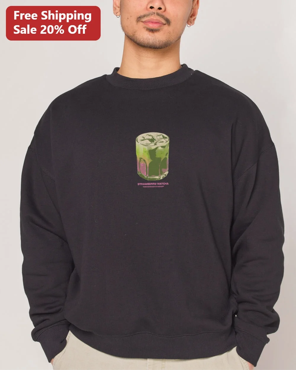 Strawberry Matcha Sweatshirt Retro Vaporwave Drink Graphic Crewneck for Cafe Lovers