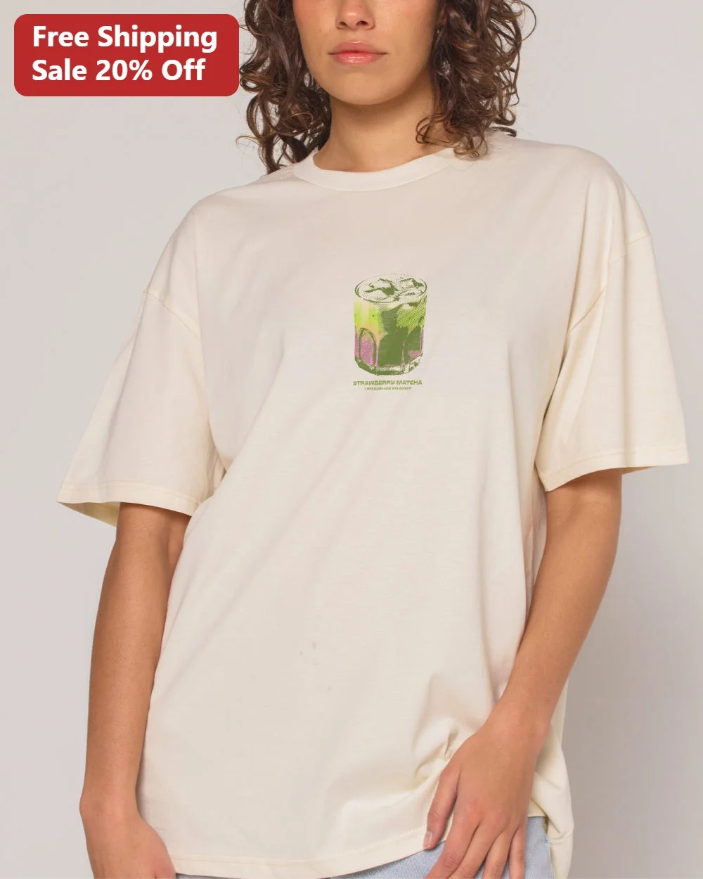 Strawberry Matcha Tee Oversized Graphic T-Shirt for Women Men Cafe Aesthetic Gift