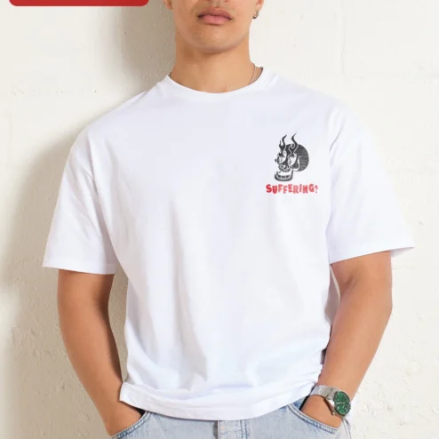 Suffering? Flaming Skull Graphic Tee Dark Humor Punk Rock Streetwear Shirt on a hanger, ready to ship from Chicago, Illinois