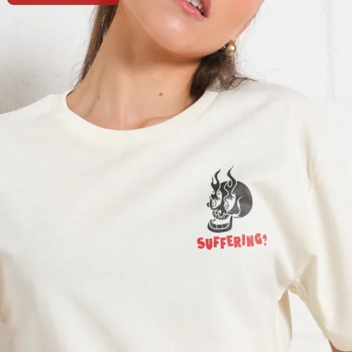 Customer in Chicago, Illinois wearing Suffering? Flaming Skull Graphic Tee Dark Humor Punk Rock Streetwear Shirt