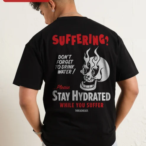 Close-up of Suffering? Flaming Skull Graphic Tee Dark Humor Punk Rock Streetwear Shirt for streetwear fans in Chicago, Illinois