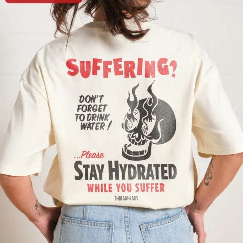Customer in Chicago, Illinois wearing Suffering? Flaming Skull Graphic Tee Dark Humor Punk Rock Streetwear Shirt