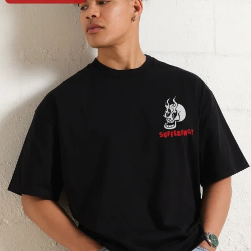 Suffering Flaming Skull Graphic Tee Oversized Streetwear Shirt for Men Women on a hanger, ready to ship from Chicago, Illinois