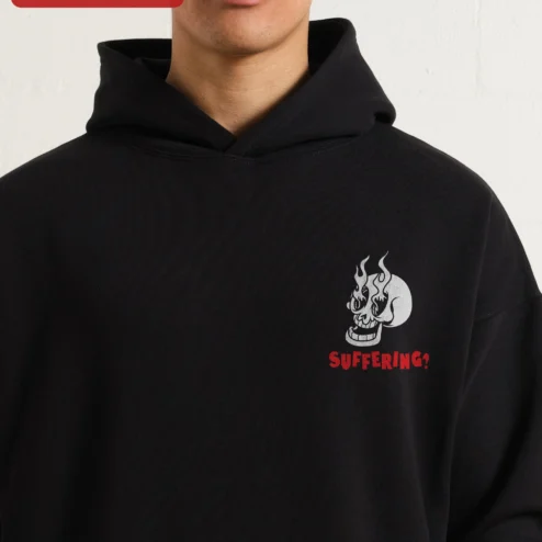 SUFFERING? Flaming Skull Hoodie Dark Humor Punk Rock Streetwear Apparel on a hanger, ready to ship from Chicago, Illinois
