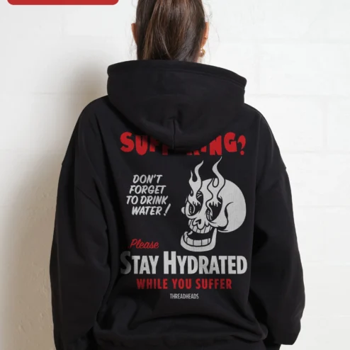 Customer in Chicago, Illinois wearing SUFFERING? Flaming Skull Hoodie Dark Humor Punk Rock Streetwear Apparel