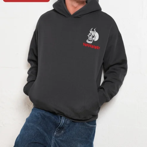 SUFFERING? Flaming Skull Hoodie Dark Humor Punk Rock Streetwear Apparel