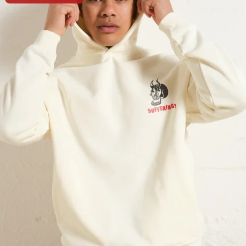 Customer in Chicago, Illinois wearing SUFFERING? Flaming Skull Hoodie Dark Humor Punk Rock Streetwear Apparel