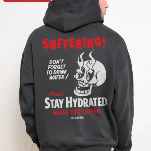 Customer in Chicago, Illinois wearing SUFFERING? Flaming Skull Hoodie Dark Humor Punk Rock Streetwear Apparel