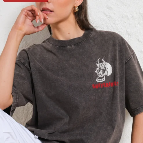 SUFFERING? Funny Skull Graphic Tee Streetwear Acid Wash Shirt on a hanger, ready to ship from Chicago, Illinois