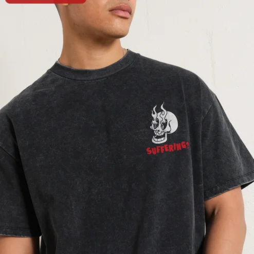 SUFFERING? Funny Skull Graphic Tee Streetwear Acid Wash Shirt