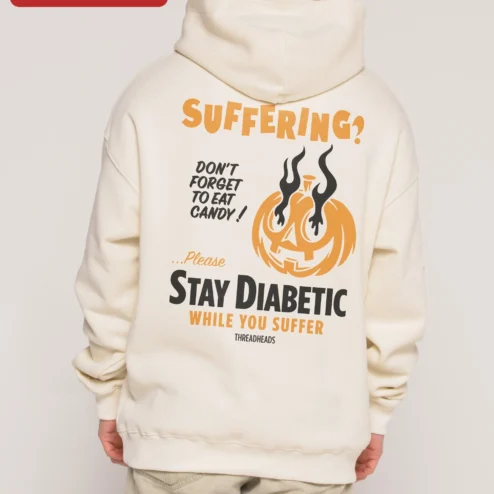 Close-up of SUFFERING? Nightmare Before Christmas Hoodie Halloween Jack Skellington Pumpkin Ghost Design for streetwear fans in Chicago, Illinois