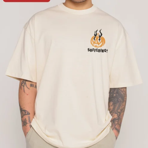 Customer in Chicago, Illinois wearing Suffering Pumpkin Halloween Graphic Tee Funny Dark Humor Oversized Shirt