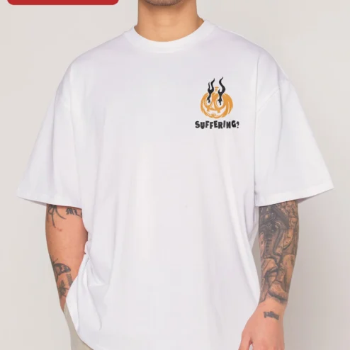 Close-up of Suffering Pumpkin Halloween Graphic Tee Funny Dark Humor Oversized Shirt for streetwear fans in Chicago, Illinois