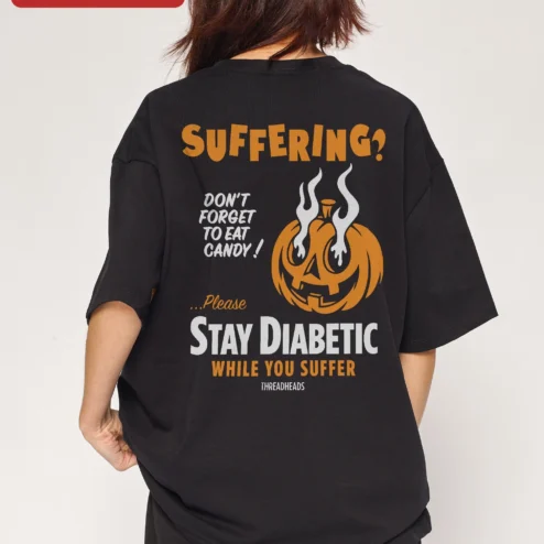 Customer in Chicago, Illinois wearing Suffering Pumpkin Halloween Graphic Tee Funny Dark Humor Oversized Shirt