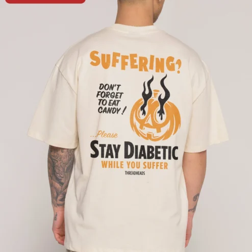 Close-up of Suffering Pumpkin Halloween Graphic Tee Funny Dark Humor Oversized Shirt for streetwear fans in Chicago, Illinois