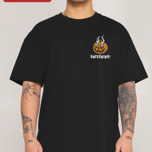 Suffering? Pumpkin Halloween Graphic Tee Funny Spooky Cotton Shirt on a hanger, ready to ship from Chicago, Illinois