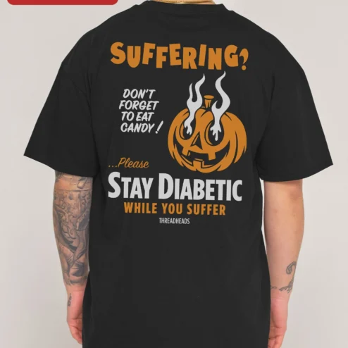 Close-up of Suffering? Pumpkin Halloween Graphic Tee Funny Spooky Cotton Shirt for streetwear fans in Chicago, Illinois