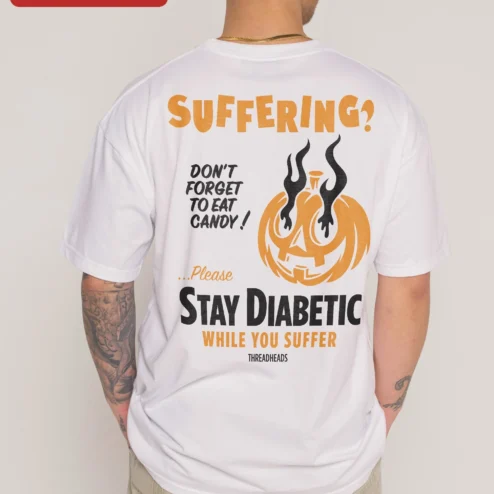 Customer in Chicago, Illinois wearing Suffering? Pumpkin Halloween Graphic Tee Funny Spooky Cotton Shirt