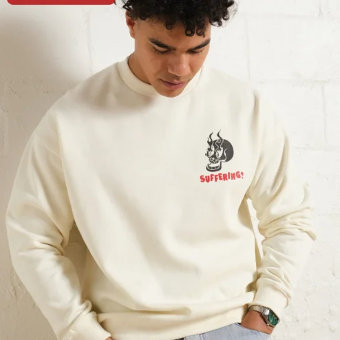 SUFFERING? Skull Flame Sweatshirt Dark Humor Punk Rock Crewneck Gift for Men Women on a hanger, ready to ship from Chicago, Illinois