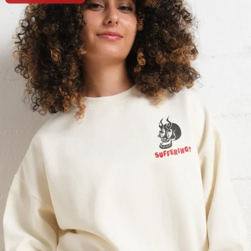 Close-up of SUFFERING? Skull Flame Sweatshirt Dark Humor Punk Rock Crewneck Gift for Men Women for streetwear fans in Chicago, Illinois