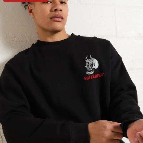 SUFFERING? Skull Flame Sweatshirt Dark Humor Punk Rock Crewneck Gift for Men Women