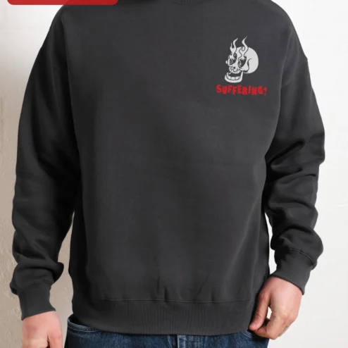 Customer in Chicago, Illinois wearing SUFFERING? Skull Flame Sweatshirt Dark Humor Punk Rock Crewneck Gift for Men Women