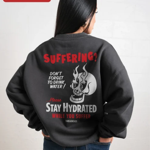 Close-up of SUFFERING? Skull Flame Sweatshirt Dark Humor Punk Rock Crewneck Gift for Men Women for streetwear fans in Chicago, Illinois