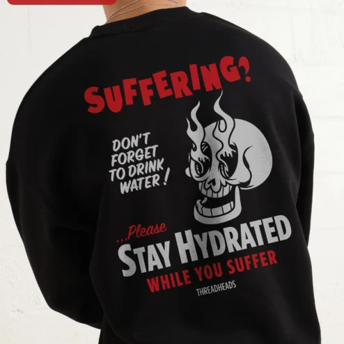 Close-up of SUFFERING? Skull Flame Sweatshirt Dark Humor Punk Rock Crewneck Gift for Men Women for streetwear fans in Chicago, Illinois
